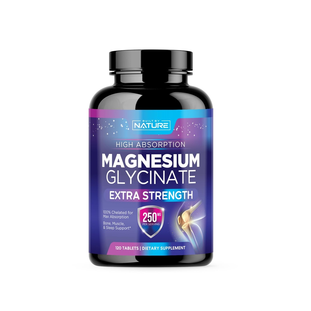 Magnesium Glycinat 250 mg - Høj Absorption Chelated Magnesium Supplement - 100% Pure Magnesium Glycinat - Stress, søvn, hjerte, og muskel sundhed support - non-GMO, Vegan, Gluten- fri (120 tabletter)