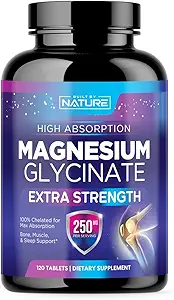 Magnesium Glycinat 250 mg - Høj Absorption Chelated Magnesium Supplement - 100% Pure Magnesium Glycinat - Stress, søvn, hjerte, og muskel sundhed support - non-GMO, Vegan, Gluten- fri (120 tabletter)