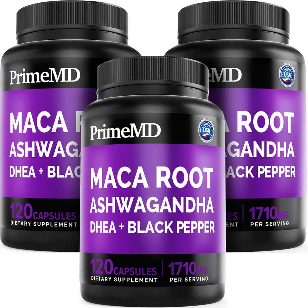 6-in-1 Organic Maca Root Ashwagandha Kapsler 1710mg med DHEA og sort peber frugt ekstrakt for kvinder og mænd - Black Maca Supplement for Stamina, ben og mood Support, 120ct (Pack of 3)