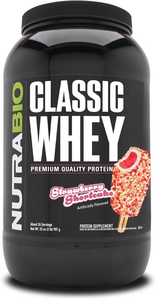 NutraBio Classic Whey Protein Powder Supplement - 25 g protein Per Scoop - Full- Spectrum Aminosyreprofil med ingen Fillers, Kunstige Farver, eller Preservatives - Jordbær Marie, 2 Punds