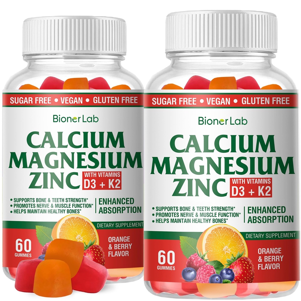 BionerLab Calcium Magnesium Zinkgummier med D3- og K2-vitamin - højpotens forbedret absorption - Orange og berry smag