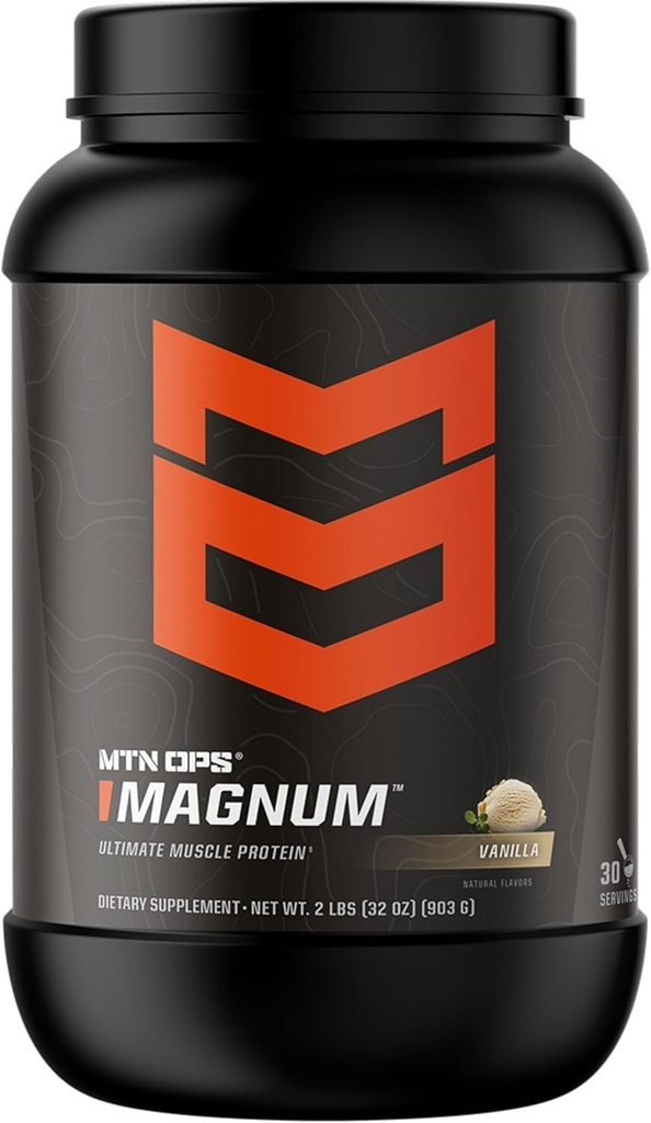 MTN OPS Magnum Vanilla Protein Powder, 23g of Whey Isolate Protein & Milk Protein with BCAAs, Zero Sugar & Gluten Free, Vanilla Milkshake, 30-Serving Tub