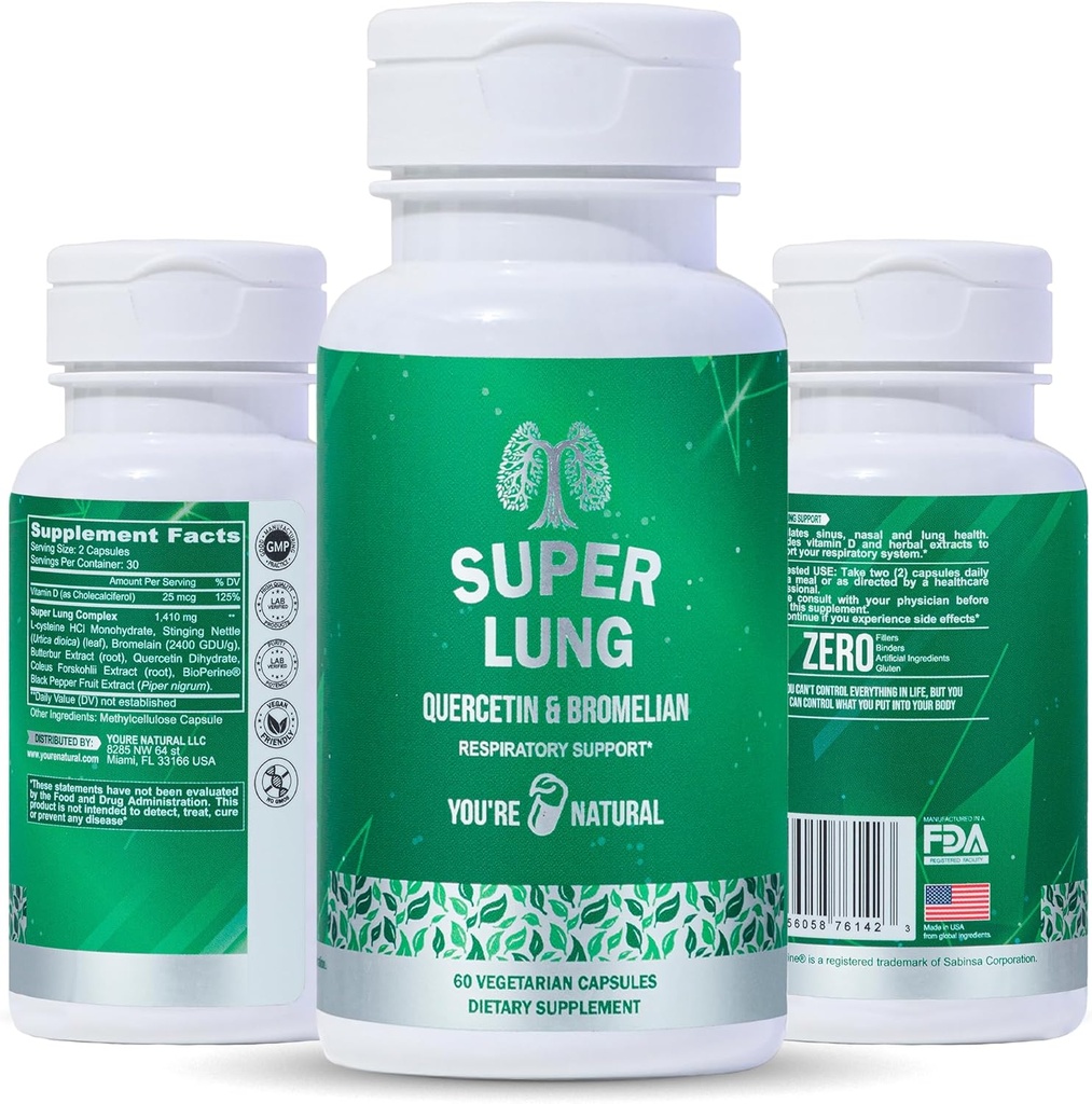 YOU 'RE NATURAL Lung Support & Respiratory Health, Promote Nasal, Chest & Bronchial Health, Support Immunsystem, Open and Clear Airways - Quercetin, Bromelain, D-vitamin - 30 dages forsyning