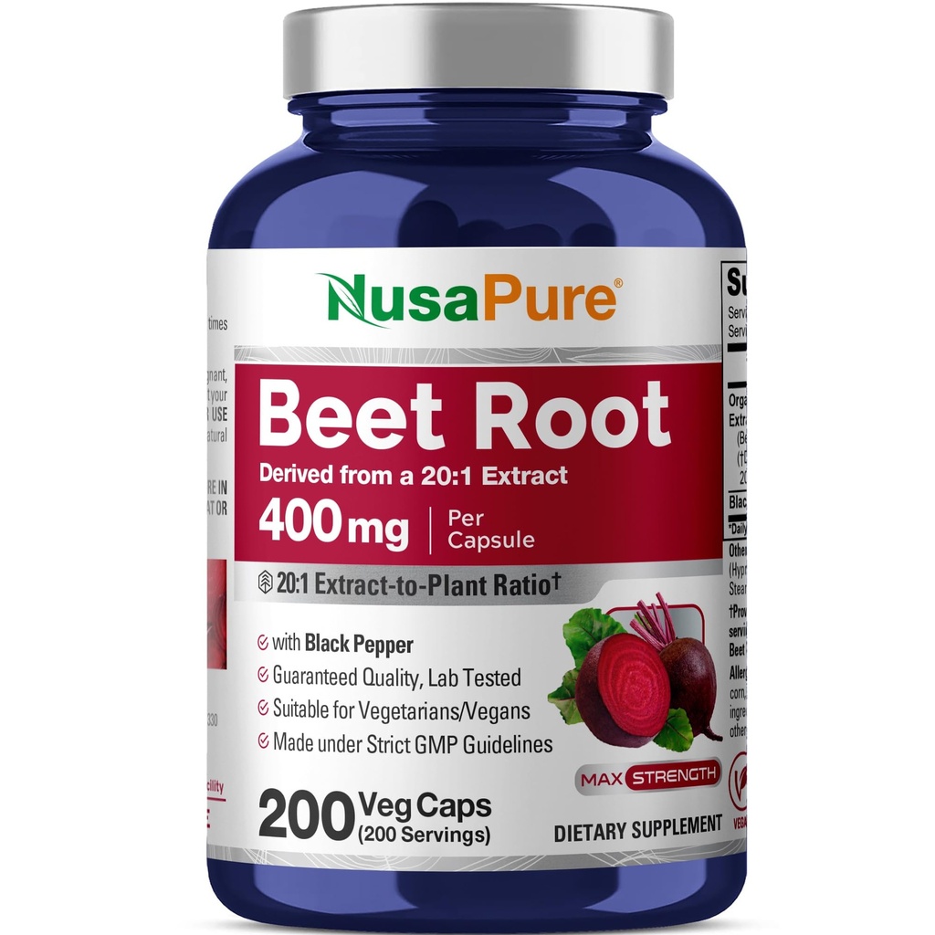 NusaPure Organic Beet Root 20: 1 Extract, 400 mg Ækvivalent med 8. 000 mg - Black Pepper 4: 1 Extract, 10 mg - 200 Veggie caps (Vegan, Non- GMO)