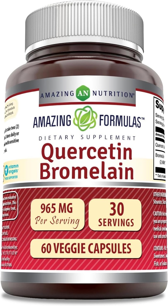 Amazing Nutrition Quercetin 800 Mg med Bromelain 165 Mg Veggie Kapsler Supplement 124; Non- Gluten Free Gluten 124; Lavet i USA; Egnet til vegetarer (60)