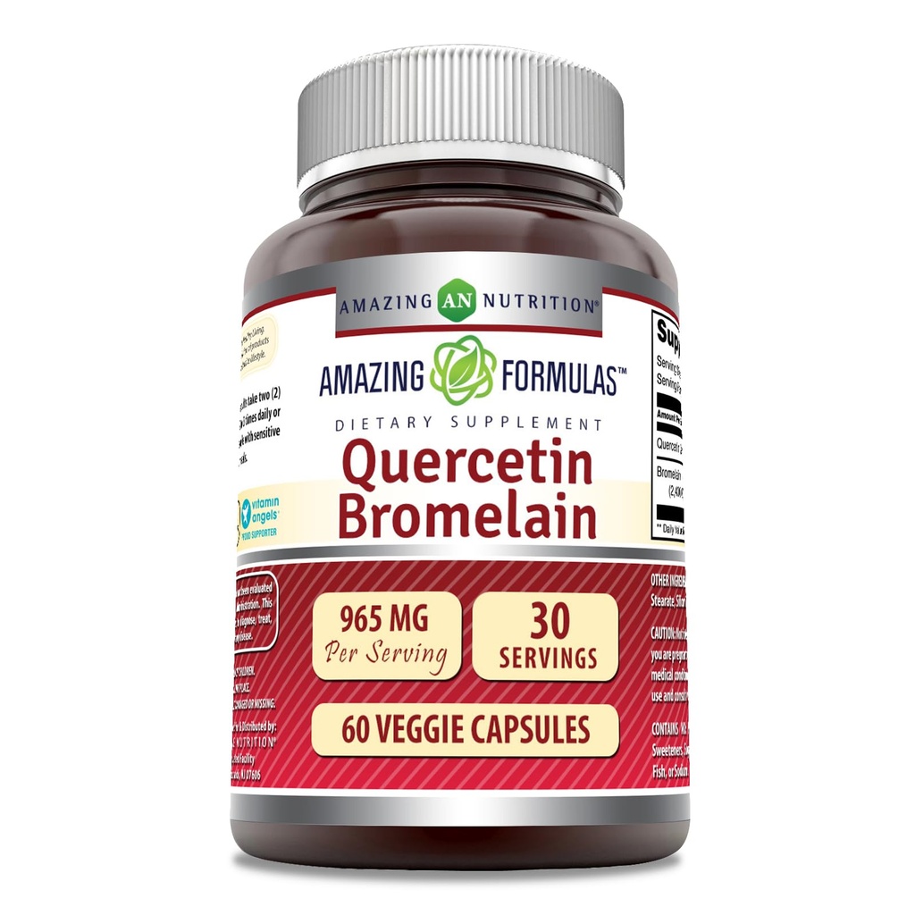 Amazing Nutrition Quercetin 800 Mg med Bromelain 165 Mg Veggie Kapsler Supplement 124; Non- Gluten Free Gluten 124; Lavet i USA; Egnet til vegetarer (60)