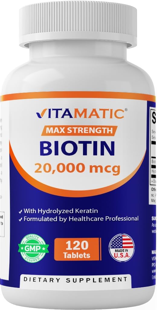 Vitamatisk høj potens Biotin 20000 mcg (20mg) med Keratin 100mg - 120 Vegetariske tabletter - Biotin Kosttilskud til sund hud & negle til voksne (120 Tæl (pakke med 1))