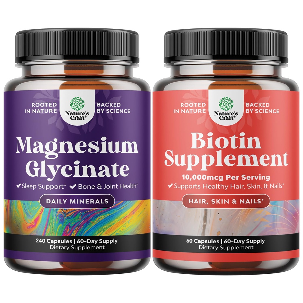 Bundle af Pure Magnesium Glycinat 400mg Per Servering for Mood Sleep og Afslapning 240ct og Pure Biotin piller til kvinder Mænd - Stop hårtab Tynde naturligt supplement