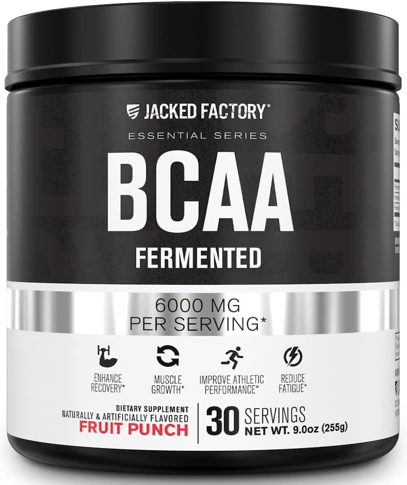 Jacked Factory BCAA Powder (Fermented) - 6g Branched Chain Essential Amino Acid Supplement for Improved Muscle Recovery, Reduced Fatigue, Increased Strength, Muscle Growth - 30 Servings, Fruit Punch