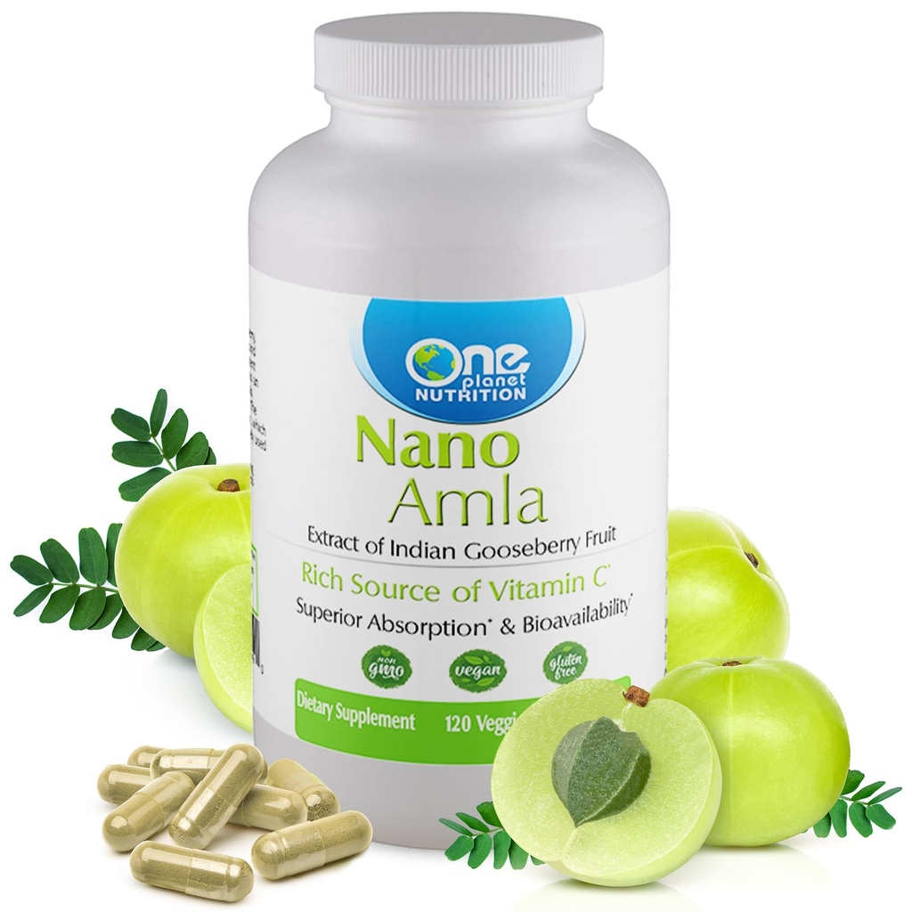 One Planet Nano Amla 500 mg Veggie Capsules (120 Servere), Amla Fruit Extract, High in Vitamin C for Collagen Production & Immunsupport, Non- GMO, Vegan, Gluten- Free