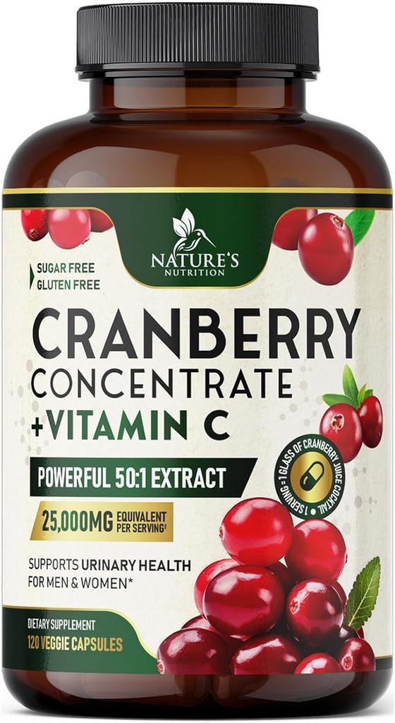 Cranberry Supplement Pills 25,000mg - High Potency C Vitamin C Cranberry for Women & Men, Urinary Tract Health Support, Sugar Free, Gluten Free, Non- GMO, Cranberry Concentrate Extract - 120 Kapsler