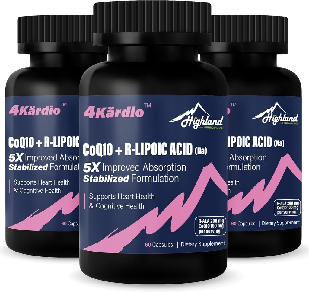 CoQ10 100mg + R- lipoinsyre 200mg per servering, 3 måneders forsyning, op til 5X forbedret Absorption, R- liposyre / CoQ10 supplement til hjertesundhed og kognitiv health- 180 kapsler