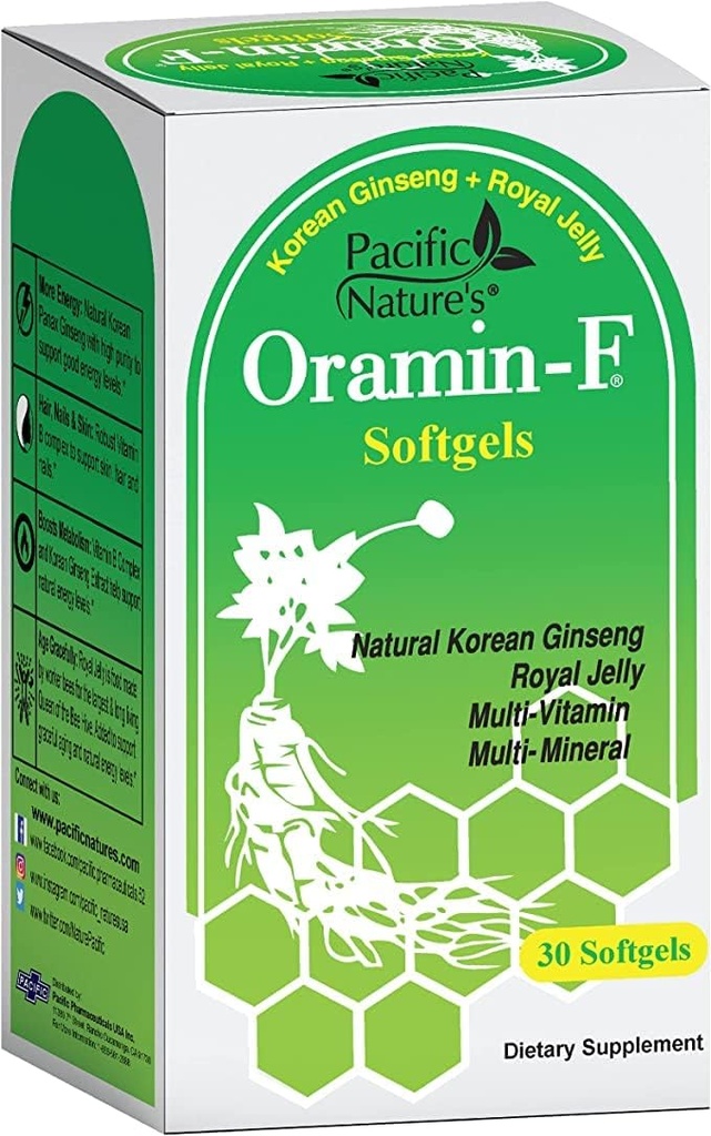Pacific Nature 's Oramin F (30 Softgel) med koreansk Ginseng, Royal Jelly, B-vitamin kompleks, og zink til energi, Immunitet, & Nutritional Support