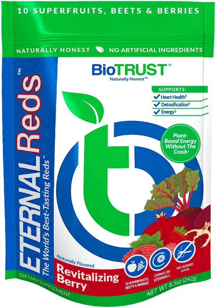 BioTrust Evig Red Red Superfoods Powder, Support for Heart Health and Circulations, Energy, Stamina, Ingen tilsat sukker eller koffein, naturligt aromatiseret og sødet, Berry Flavor (30 Servere)