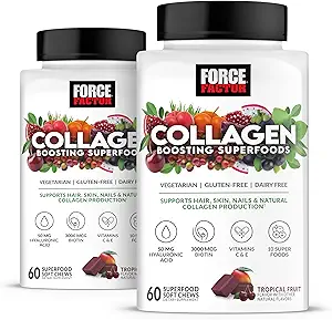 FORCE FACTOR Collagen Boosting Superfoods, Vegan Collagen Booster for kvinder, Med biotin, Hyaluronsyre, og C-vitamin, Til hår, hud, negle, & fælles støtte, Tropisk frugt, 120 bløde tygger, 2-pakke
