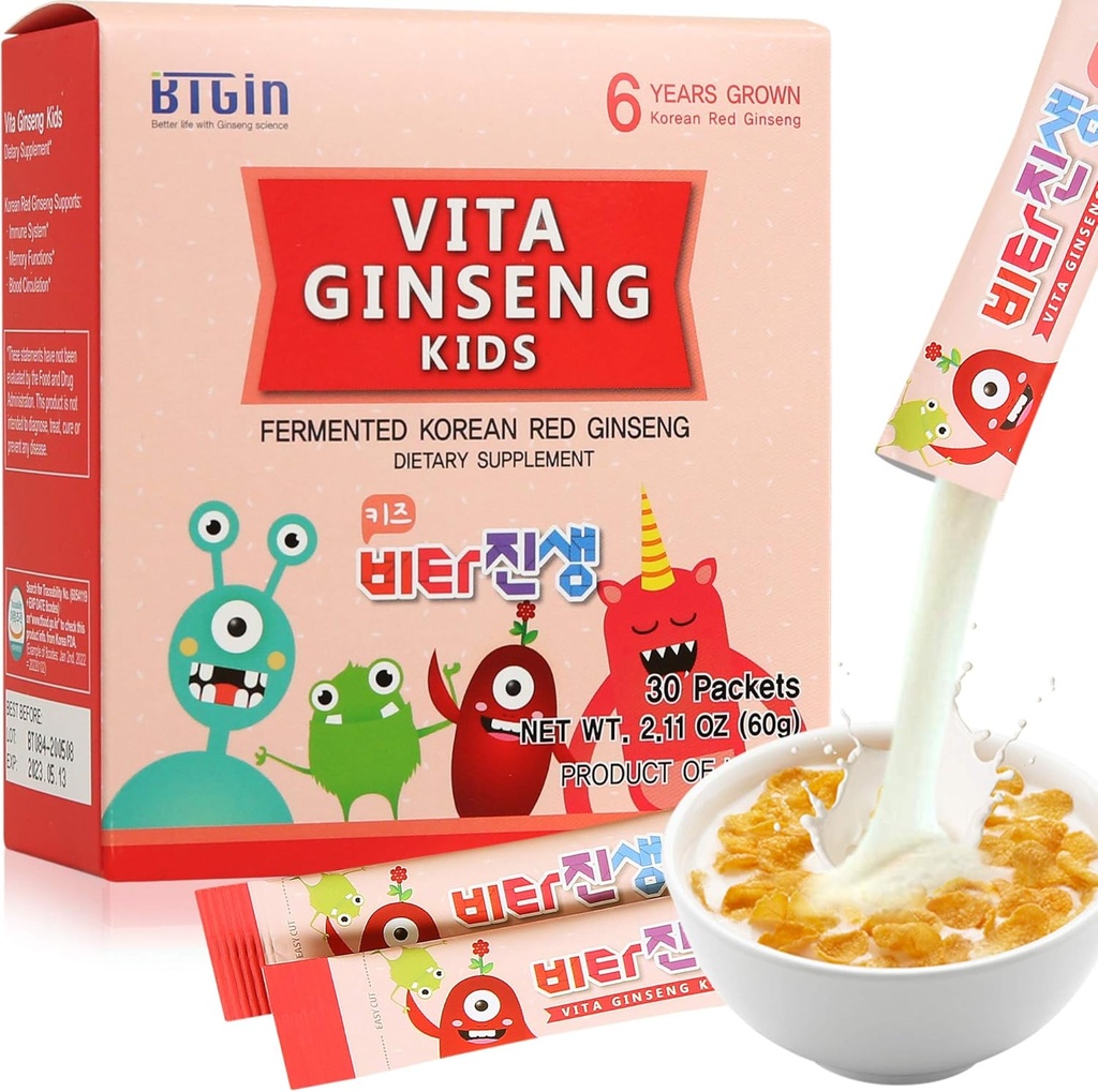 Vita Ginseng Kids, Vitamin D, Zinc, 7 Berries, Banana, 20 Vegetables, Milk Powder for Immune Support, Focus and Memory Boost, 30 Packets (1Set)