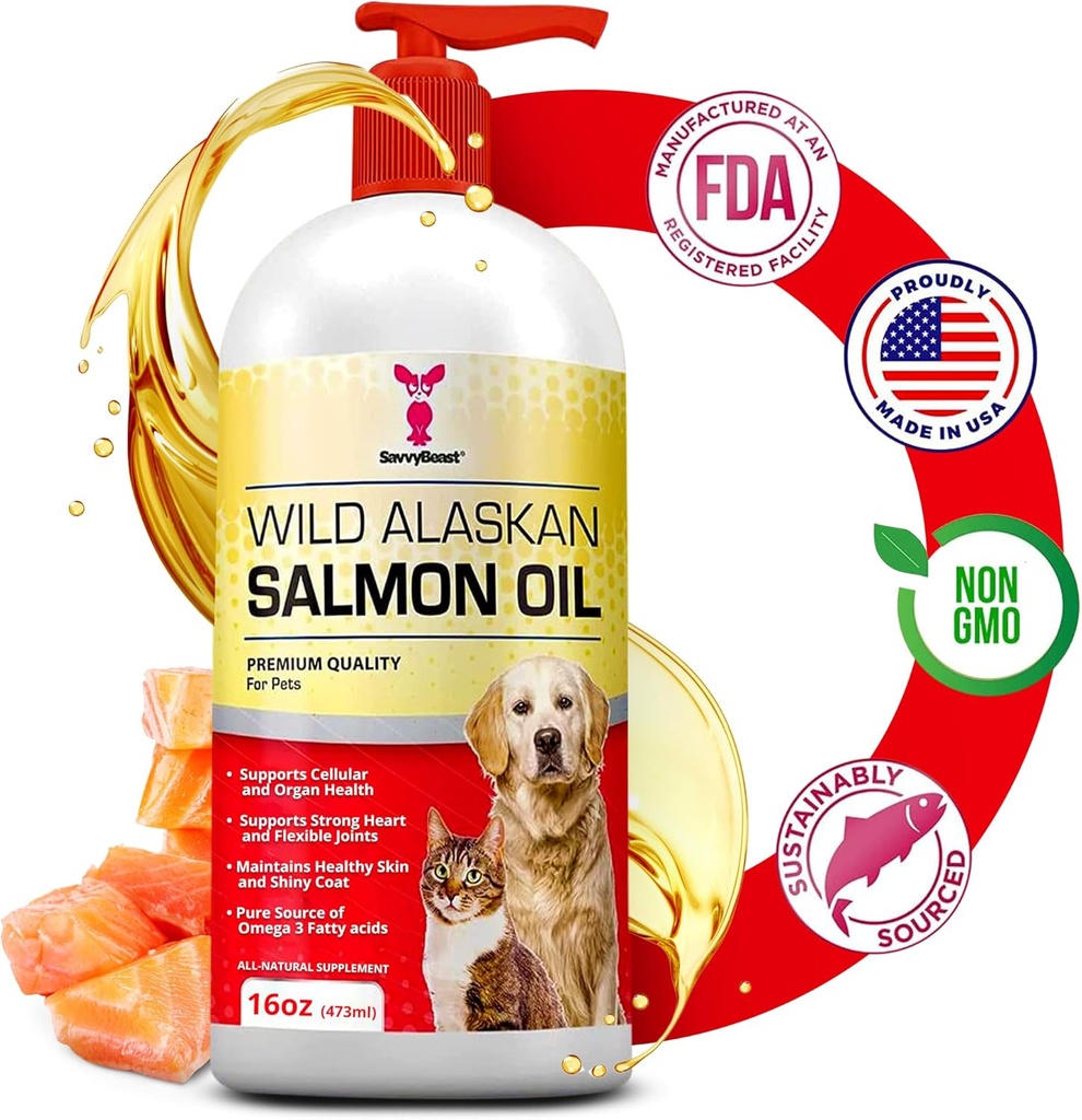 SavvyBeast Wild Alaska Salmon Oil for Dogs, Cats & Ferrets - Omega-3 Fish Oil Pet Supplement med EPA & DHA - Understøtter hud, Coat, Joints, Heart, Brain, Itch Relief & Immunet - Uduftende - 16 oz