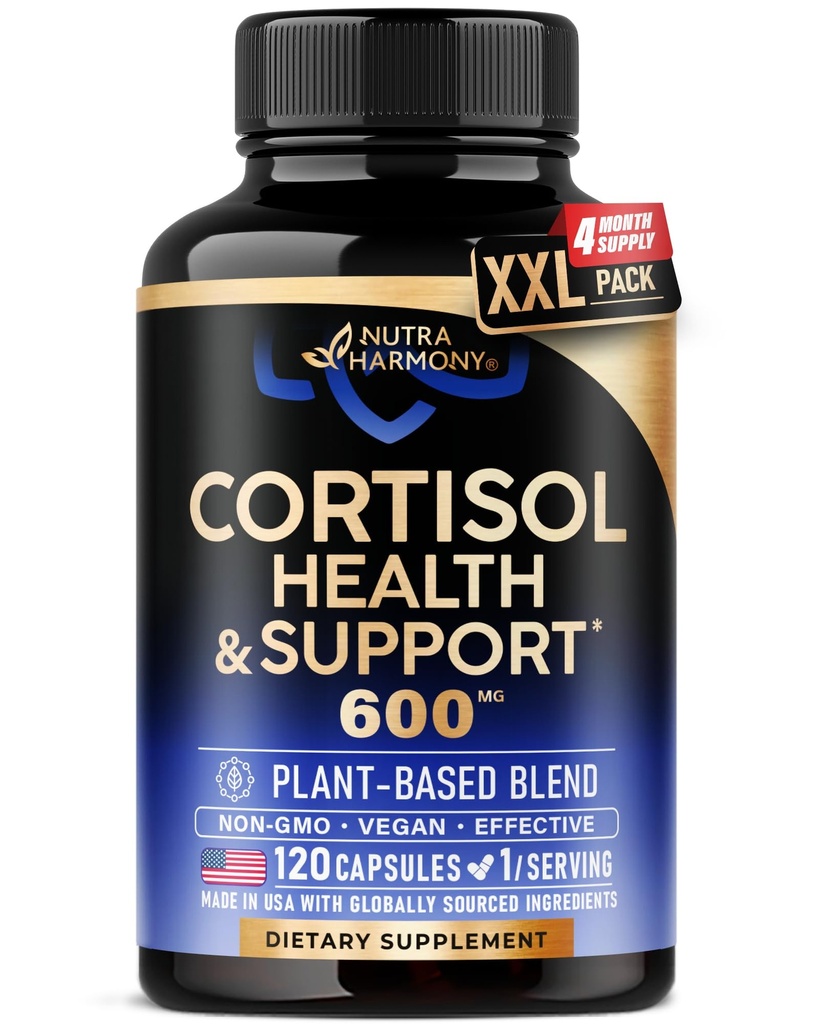 Cortisol supplement til kvinder - Holy Basilikum - 124; Ashwagandha - 124; Rhodiola - 124; L- Theanine - Plantbased Hormone Balance - Mood, Focus & Sleep Support - Made in USA - Vegan, Non- GMO - 120 kapsler til 4 måneder