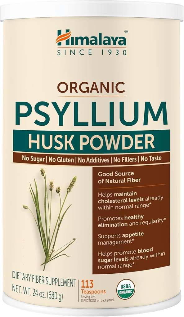 Himalaya Organic Psyllium Husk Pulver, Daglig kostfibre supplement, regelmæssighed, Appetite Management, Certified Organic, Non- GMO, Ingen kunstige farver, Unflavored, 113 Teaspon Supply, 24 Oz