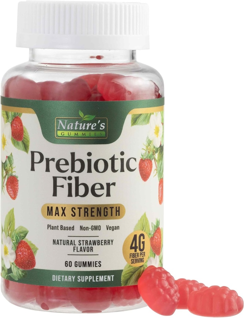 Fiber Gummies for voksne, Daily 4g Gummy Fiber Supplement, Prebiotic Gummy fordøjelsesstøtte - Plant baseret Opløselige Fiber Chews, Prebiotics understøtter regelmæssighed og fordøjelse Non- GMO - 60 Gummies