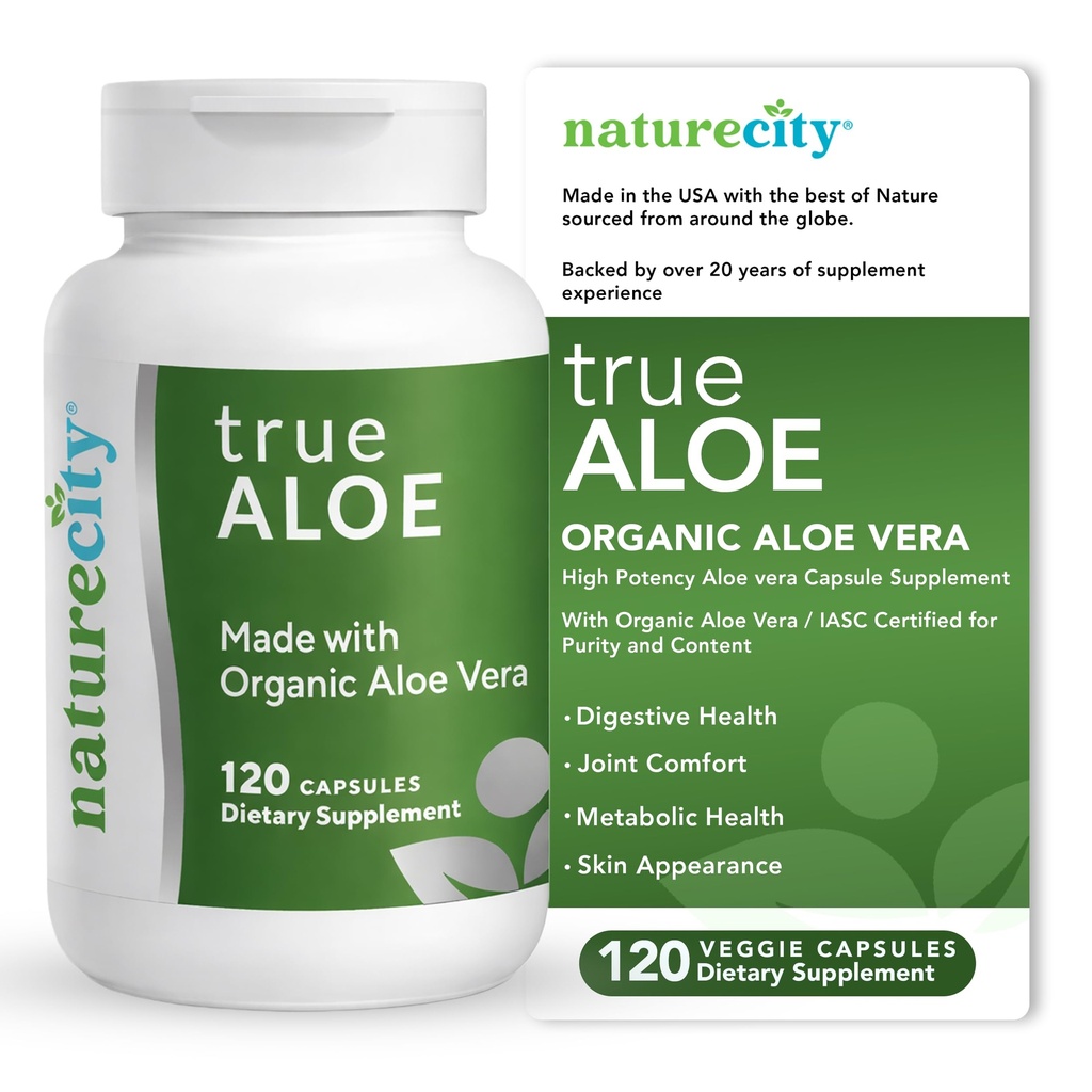NatureCity True- Aloe Gut Health Support - 80,000mg Aloe Vera Gel Ækvivalent per servering - Organic Aloe Vera (120 kapsler) til fordøjelse, hud & fælles støtte