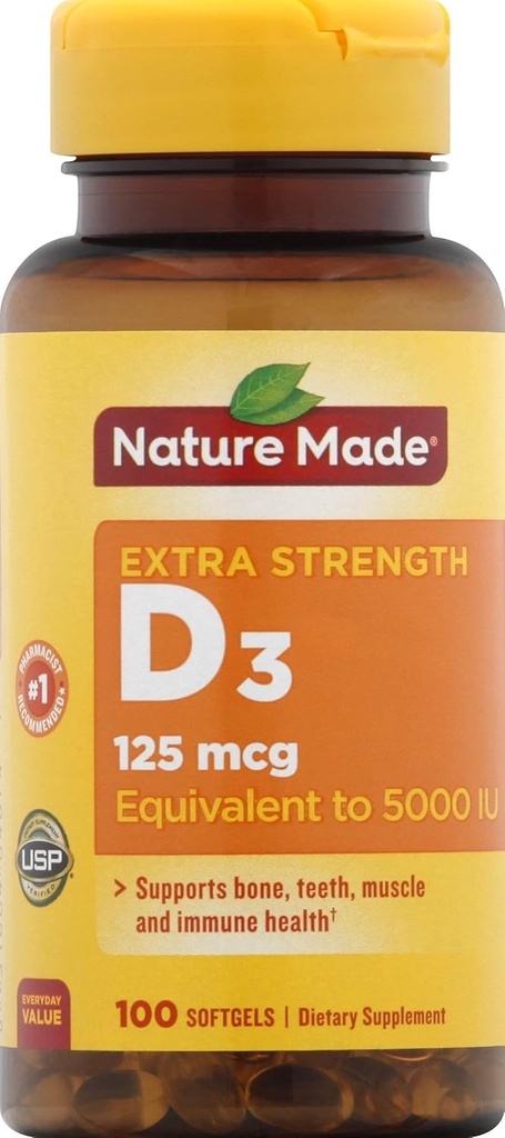 Nature Made Vitamin D3 Kosttilskud Softgel, 5000 IE, 100 Tæl