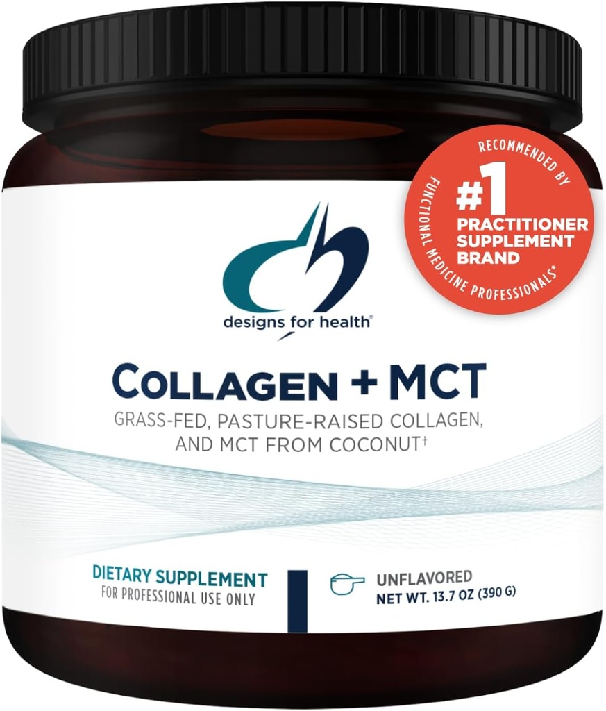 Design til sundhed Collagen + MCT, Unflavored - Hydrolyzed Grass- Fed Collagen Peptider med MCT Oil Powder til at fremme Mental Fokus, Vedvarende energi, Hud & Gut Sundhed (30 Servere)