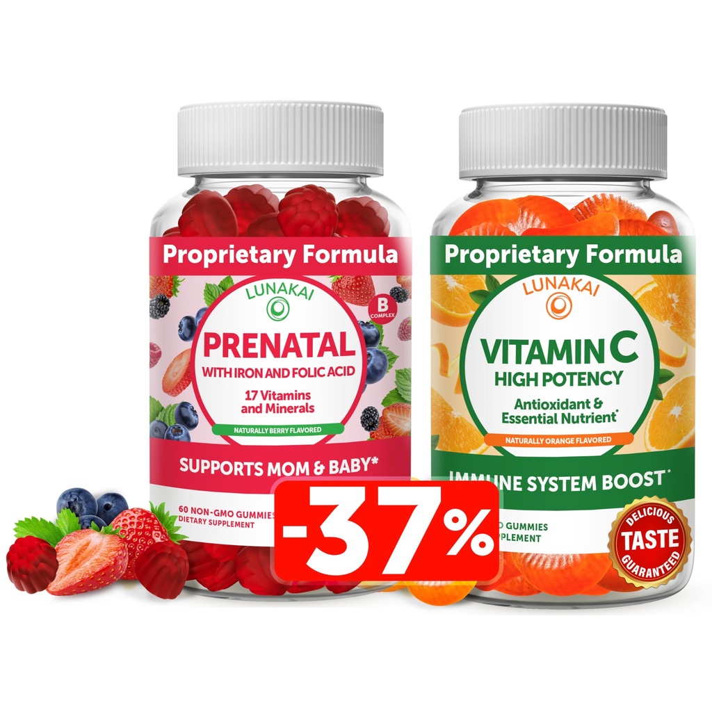 Lunakai Prenatal og C-vitamin Gummies Bundle - Graviditet Multivitamin supplement med jern & folsyre - 300mg Økologisk, ikke-GMO, Vegansk Chewable Gummy - 30 dages forsyning