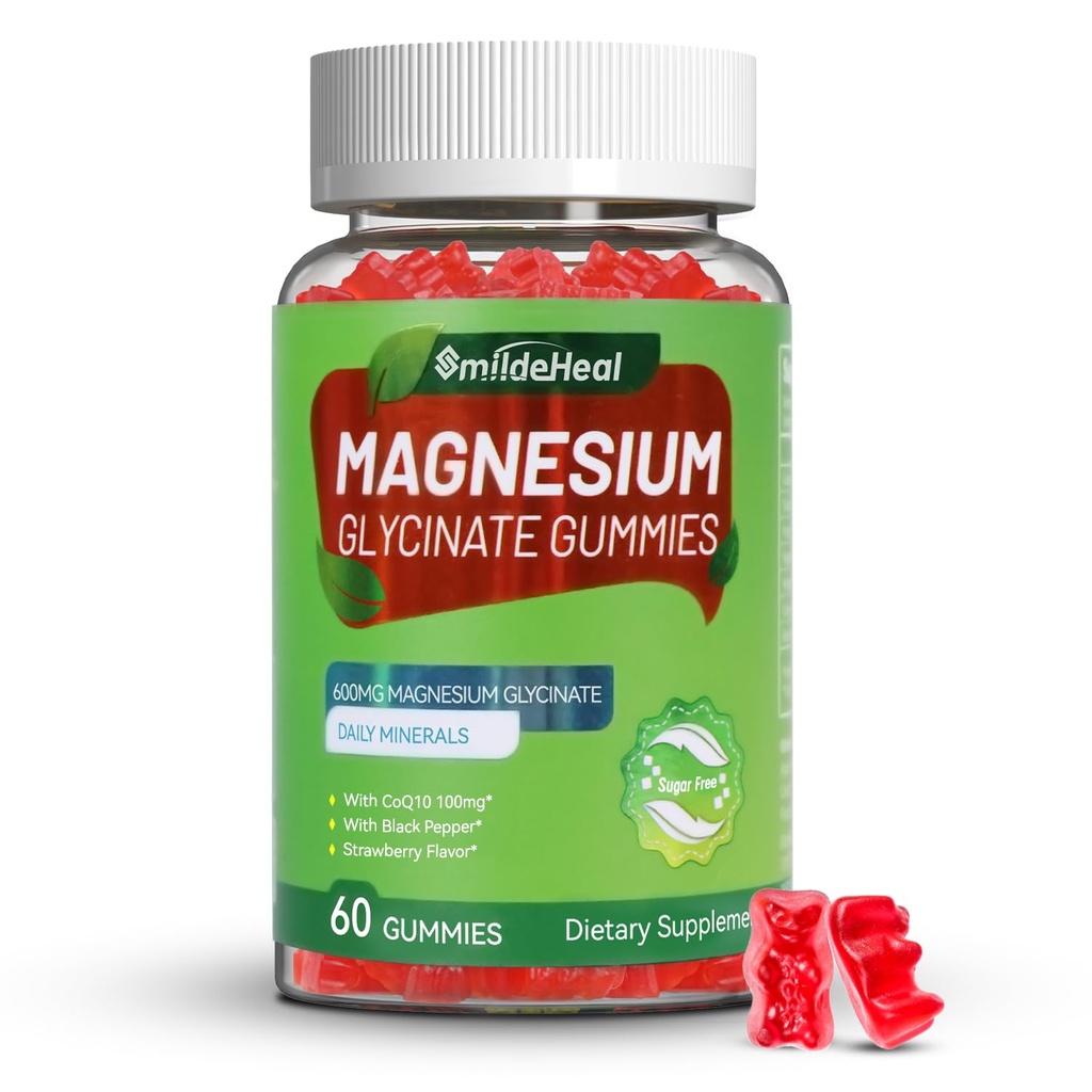 Magnesium Glycinat Gummies 600 mg til kvinder og mænd, med Magnesium L- Threonat 300mg, CoQ10 og sort peber, Vegan (60 Greve)