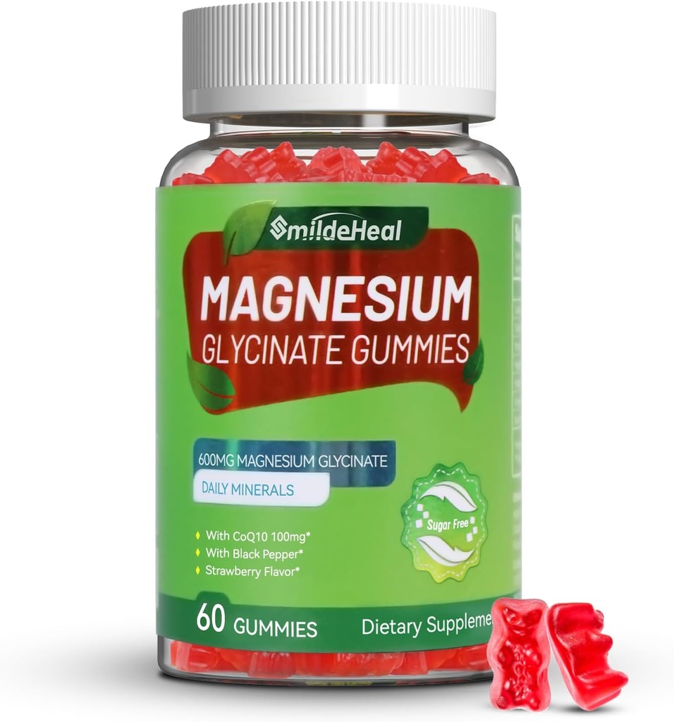Magnesium Glycinat Gummies 600 mg til kvinder og mænd, med Magnesium L- Threonat 300mg, CoQ10 og sort peber, Vegan (60 Greve)
