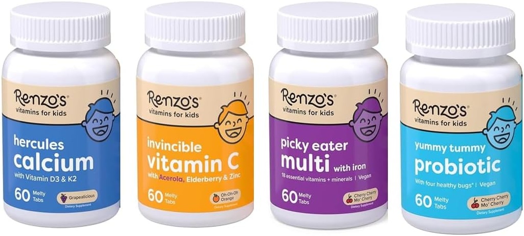 Renzos Vitaminer Kid Essential Bundle - Probiotisk, C-vitamin med Elderberry & Zink til immunforsvar, Picky Eater Kids Multivitamin, og Hercules Calcium