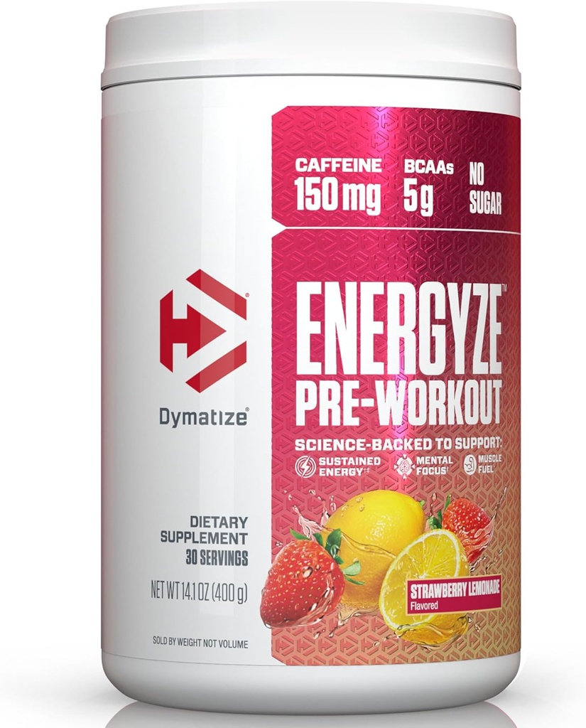 Dymatize Energize Pre Workout Pulver til mænd og kvinder, Jordbær Lemonade, 150mg Koffein, 5g BCAA, Performance Blend af L-Theanine, L-Tyrosine, L-Citrullin, Ingen sukker (30 Servere)