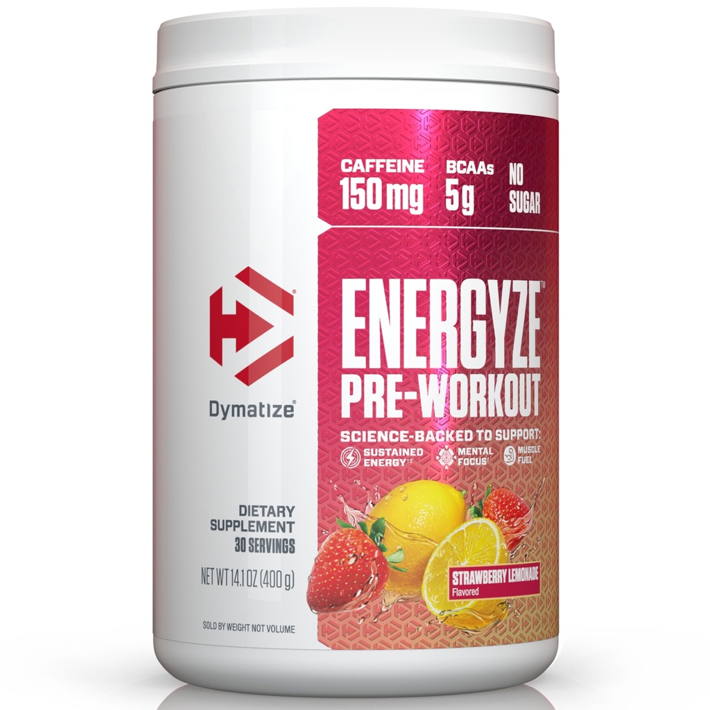 Dymatize Energize Pre Workout Pulver til mænd og kvinder, Jordbær Lemonade, 150mg Koffein, 5g BCAA, Performance Blend af L-Theanine, L-Tyrosine, L-Citrullin, Ingen sukker (30 Servere)