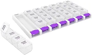 EZY DOSE Weekly (7-dag) Daglig Pill Case, Medicine Planner, Vitamin Organizer Container, 4 gange om dagen, Små Aftagelige Kompartmenter, Covential og nem at bruge, Farve Maj Vary, Clear Lids, BPA Free