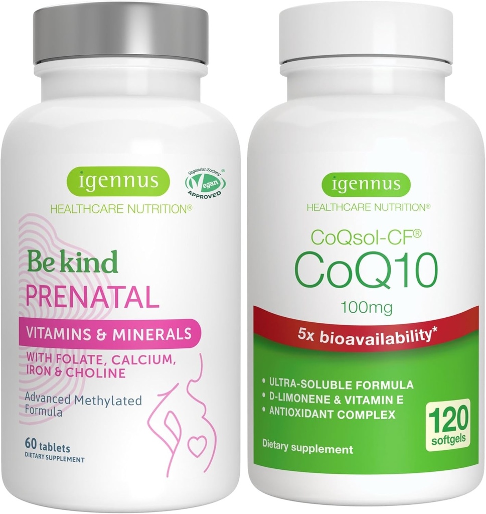 Advanced Prenatal Multivitamin + høj absorption CoQ10 100mg 120 Softgels Graviditet Support Bundle af Igennus