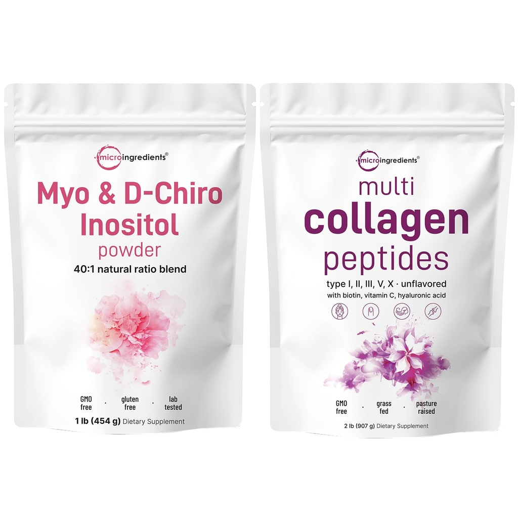 Micro Ingredients Multi Collagen Protein Powder 2lbs & Myo & D- Chiro Inositol Powder Bundle 2 Pack- Fed Collagen Peptider