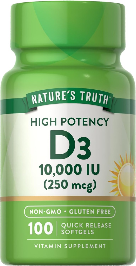 Nature 's Truth D3 Vitamin 10.000 IE Softgels Supplement øb 124; 100 Greve 124; High Potency Formel 124; Non- GMO og Gluten Free