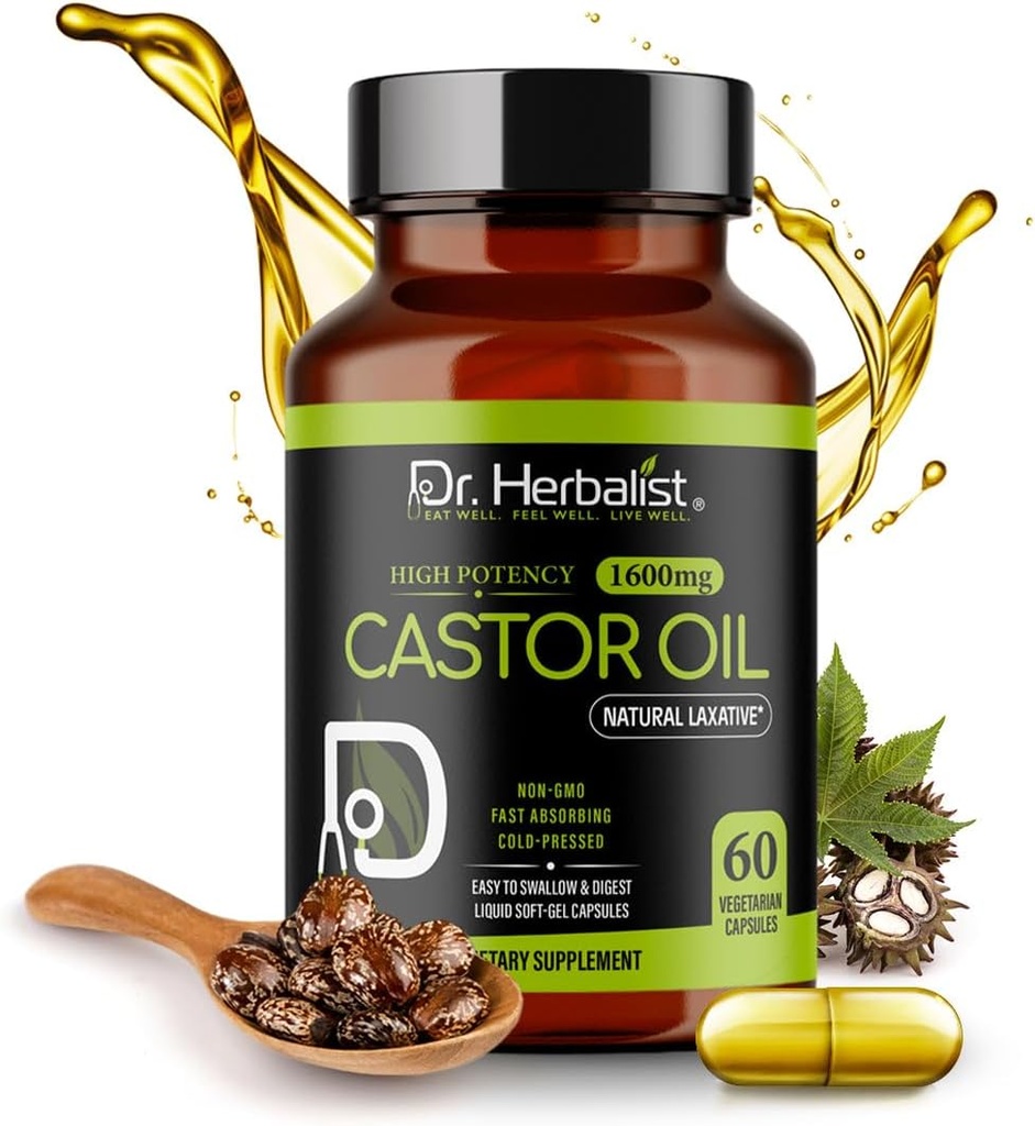 Dr. HERBALIST Castor Oil Capsules - 1600mg per servering, 60 Greve - Non- GMO, Fast- Absorbing, Vegetarisk, Cold- presset, og høj potens - understøtter hud, hår, naturlige laxatives og fordøjelsessygdomme