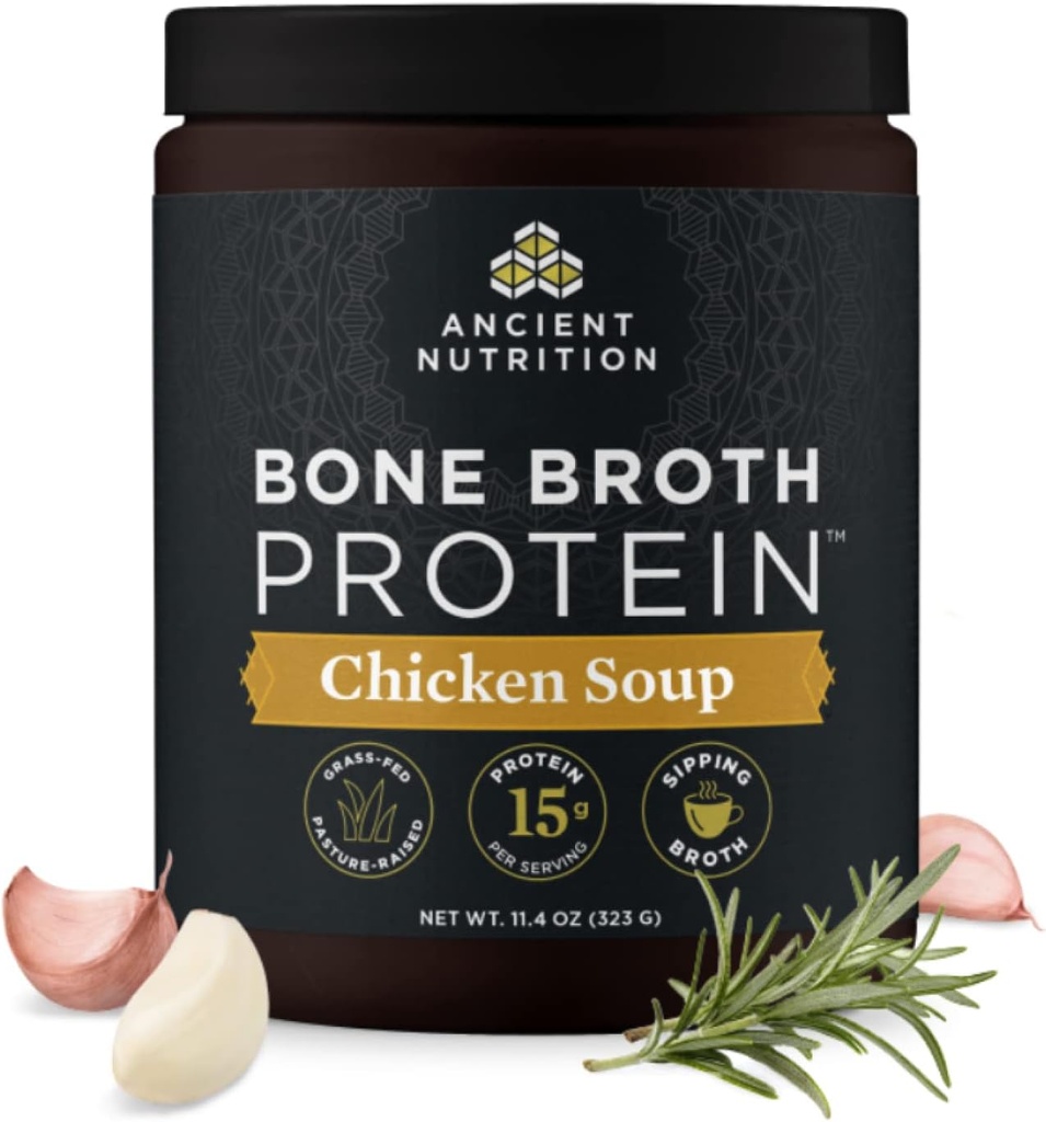 Ancient Nutrition Bone Broth Protein Powder, Chicken Soup, Grass- Fed Chicken og Beef Bone Broth Powder, 15g Protein Per Servering, Understøtter en sund Gut, 15 Servere