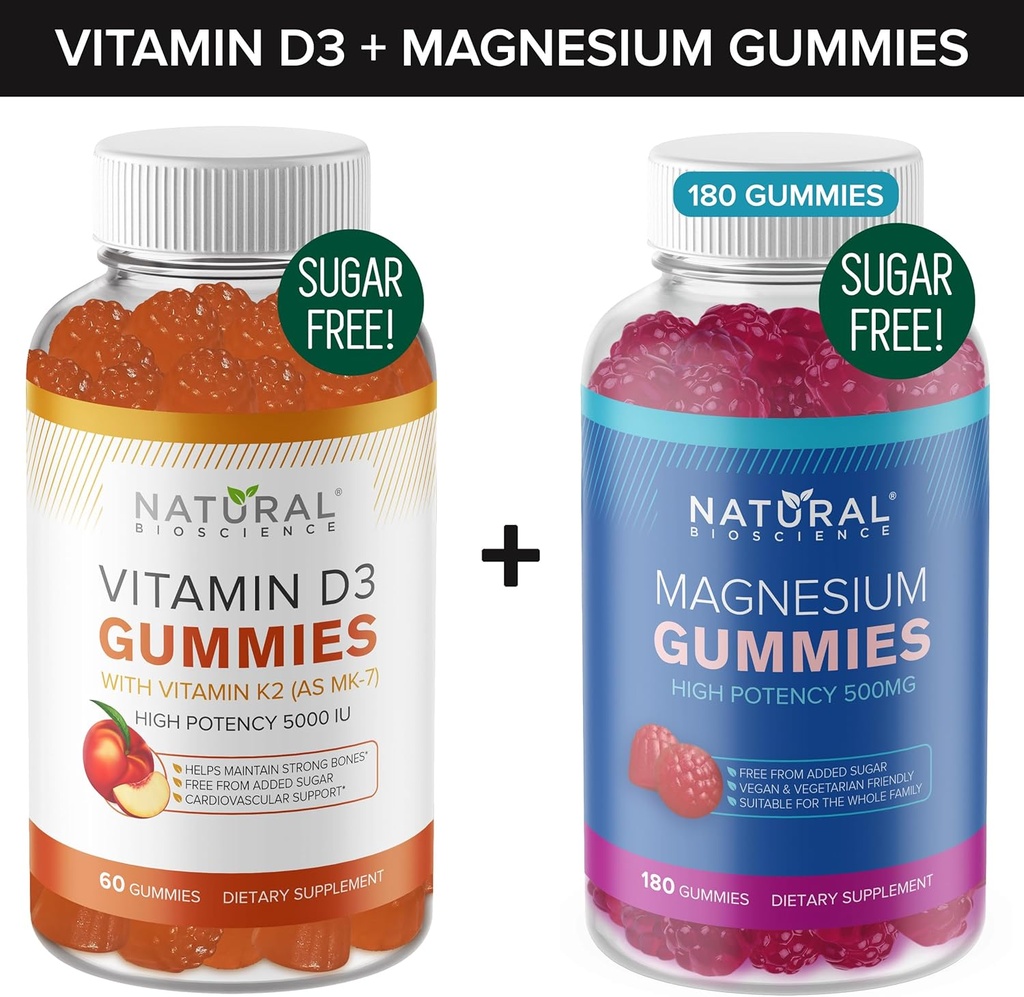 Sugar Free Vitamin D3 K2 Gummies (60 Gummies) og Sugar Free Extra Strength Magnesium Gummies (180 Gummies), Vitamin D3 Gummies 5000 IE + K2 MK7 80 mcg, Magnesium Citrate Gummies 500 mg