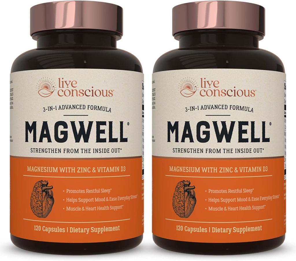 Live Bevidsthed Magnesium Zink & Vitamin D3 - Biotilgængelige former af Magnesium - Malat, Glycinat, Citrate - MagWell Bone & Heart Health, Immunsystemet Support - 120 kapsler (2 - Pack)
