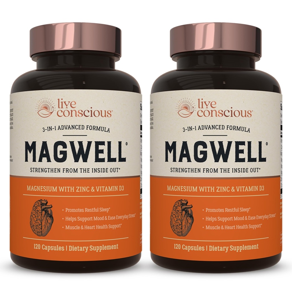 Live Bevidsthed Magnesium Zink & Vitamin D3 - Biotilgængelige former af Magnesium - Malat, Glycinat, Citrate - MagWell Bone & Heart Health, Immunsystemet Support - 120 kapsler (2 - Pack)