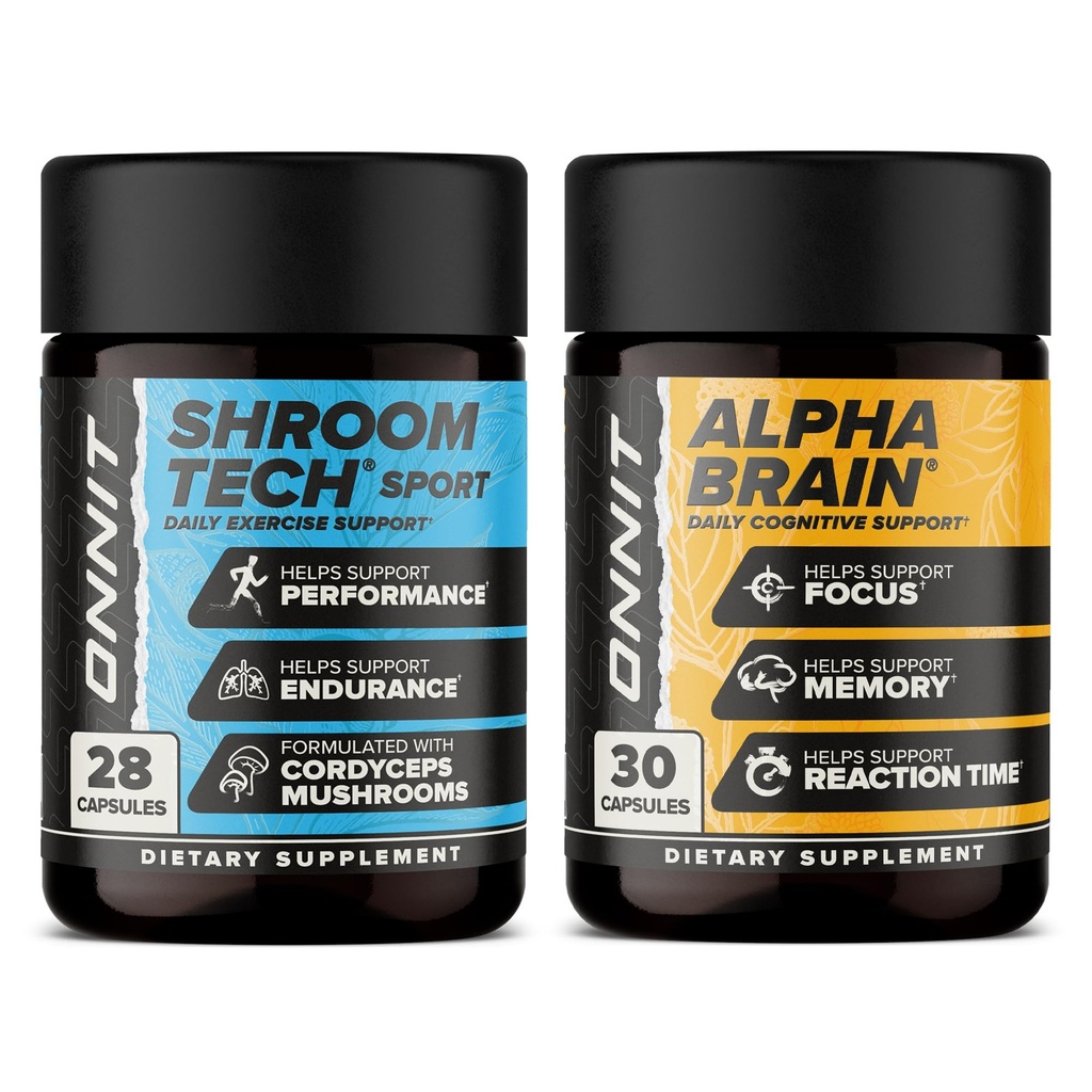ONNIT Premium Alpha Brain Bundle - Nootrop Brain Supplement (30 Greve) for fokus, koncentration og hukommelse + Shroom Tech Sport til motion, energi & Kardiovaskulær ydeevne (28 Greve)