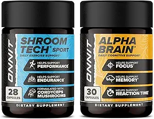 ONNIT Premium Alpha Brain Bundle - Nootropic Brain Supplement (30 Count) for Focus, Concentration & Memory + Shroom Tech Sport for Exercise, Energy & Cardiovascular Performance (28 Count)