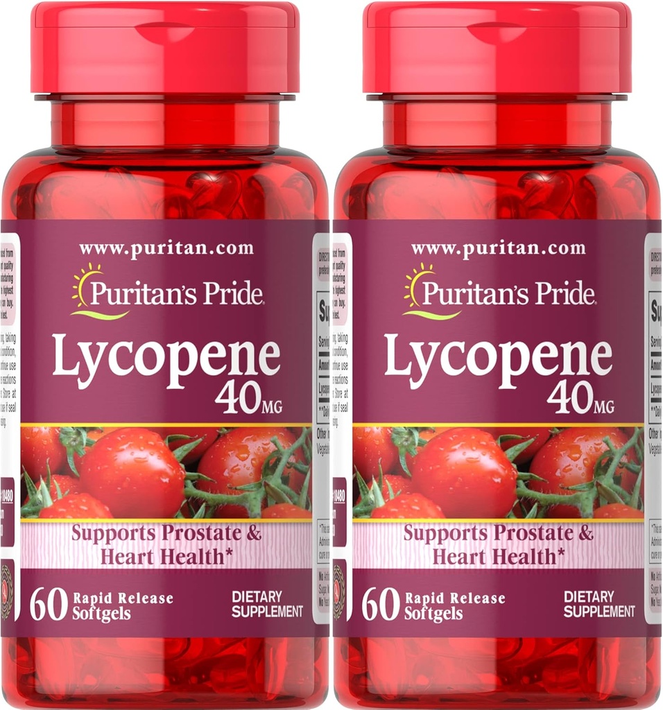 Puritans Pride Premium Lycopene 40mg, Kosttilskud til Prostata, Antioxidant, Heart Health, og Total Health Support, 2 Måned Supply, 60 Rapid Release Softels, 2 Pack