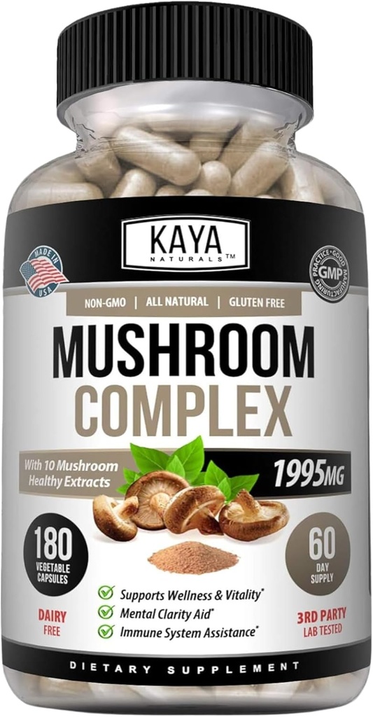 Kaya Naturals Premium Mushroom Complex Potent - Mushroom Supplement - Mushroom Complex kapsler 1995mg Per Servering - Aids Mental Clarity understøtter immunsystemet, Wellness & Vitality - 180 Tæl