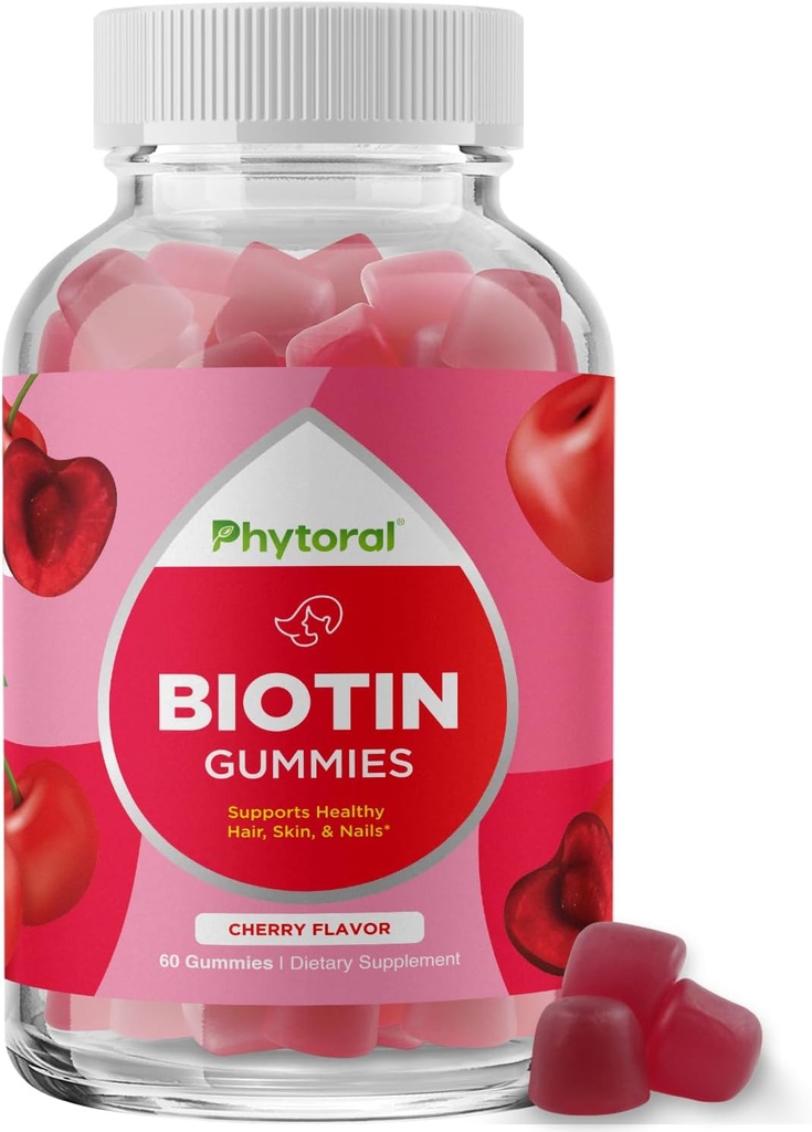 Phytoral Biotin Gummies for hår og negle vækst - Biotin Gummies for hårpleje Yellow Skin Care og Nail - 5000mcg per Serving Skin Nails Vitamin Voksen Skønhed