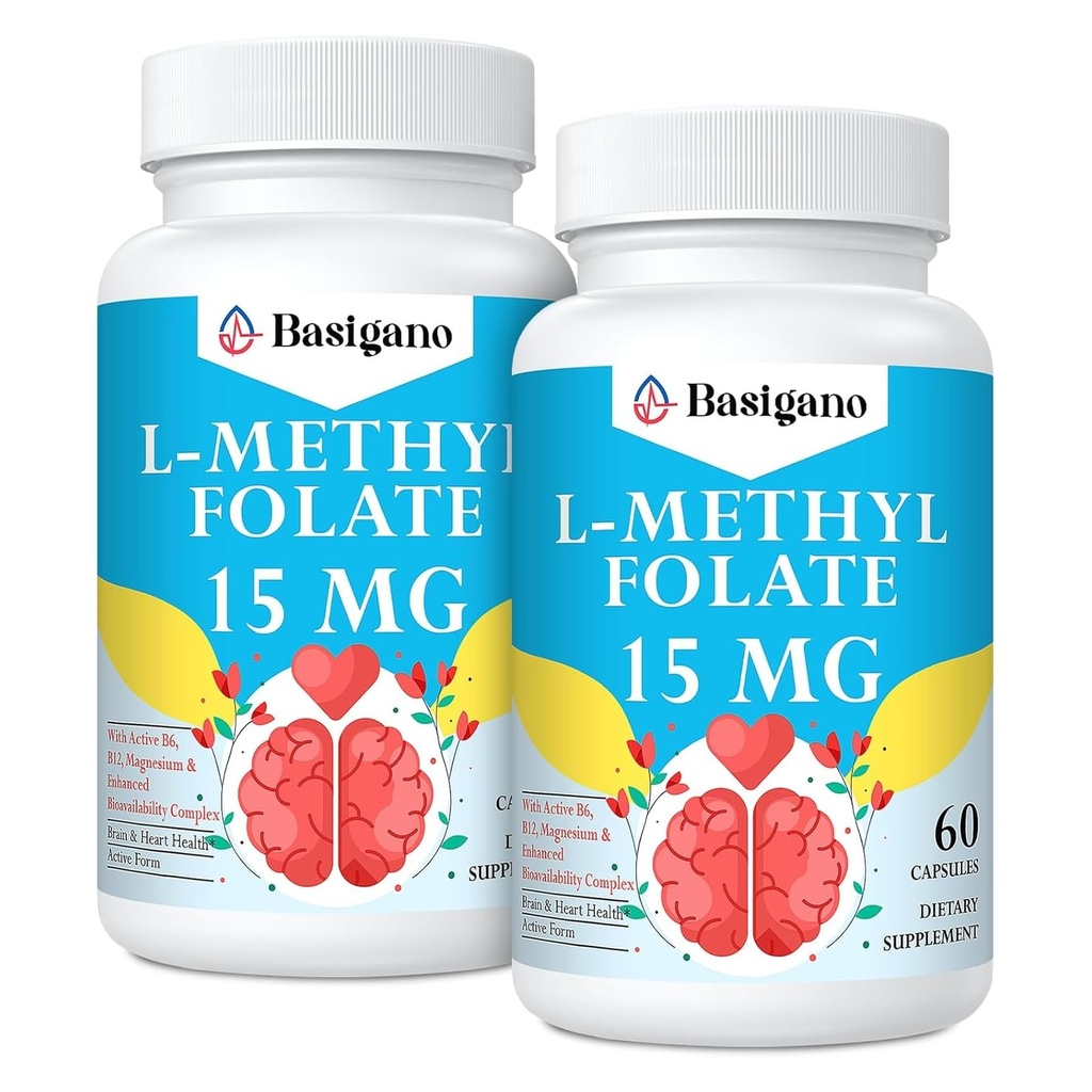 15mg L Methylfolat (5- MTHF) - Aktiv folinsyre - Beriget med vitaminer B6 og B12- 60 Vegetarkapsler - Ikke-GMO, Gluten- fri