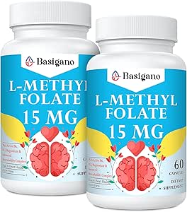 15mg L Methylfolat (5- MTHF) - Aktiv folinsyre - Beriget med vitaminer B6 og B12- 60 Vegetarkapsler - Ikke-GMO, Gluten- fri