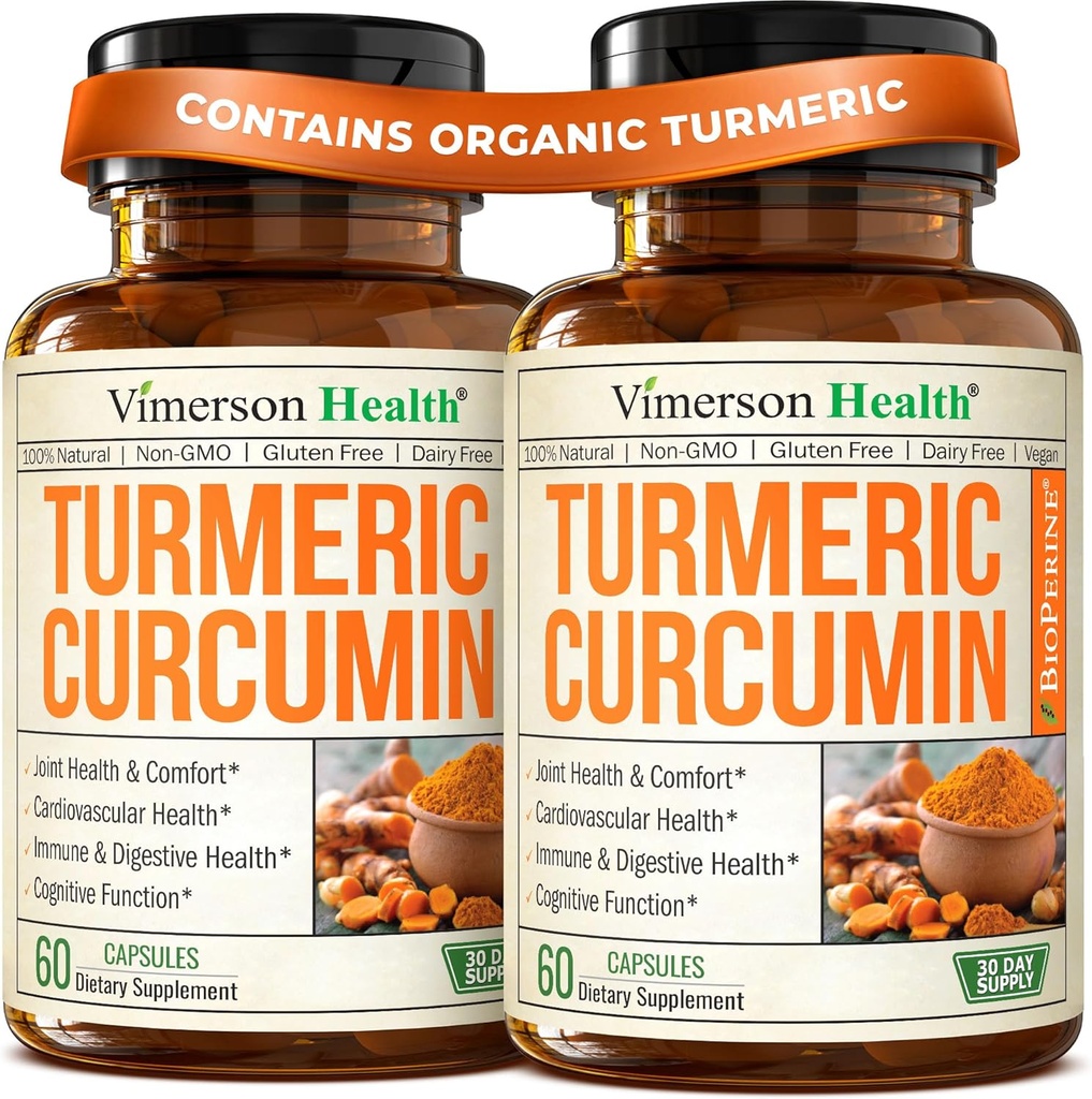 Gurkemeje supplement med sort peber ekstrakt - høj potens Økologisk gurkemeje 1200mg & 95% Curcuminoider til fælles & fordøjelsessundhed - Fælles supporttillæg - 60 Curcuma kapsler - 2 pakke